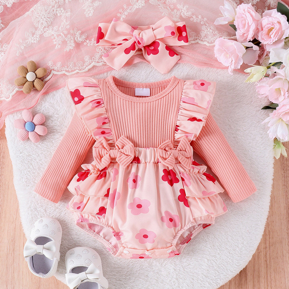 2PCS Adorable Floral Printed Bow Baby Girl Romper