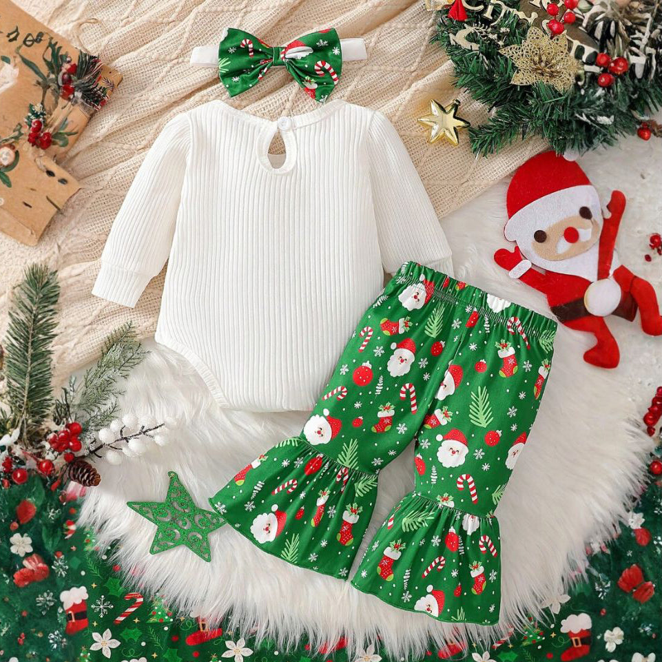 3PCS My 1st Christmas Letter Santa Claus Print Baby Girl Set