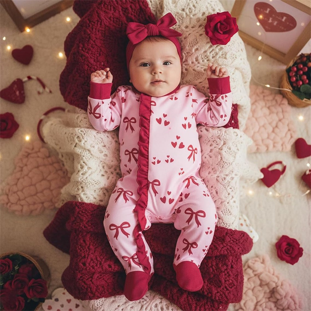2PCS Lovely Christmas Bow Heart Printed Zipper Baby Jumpsuit