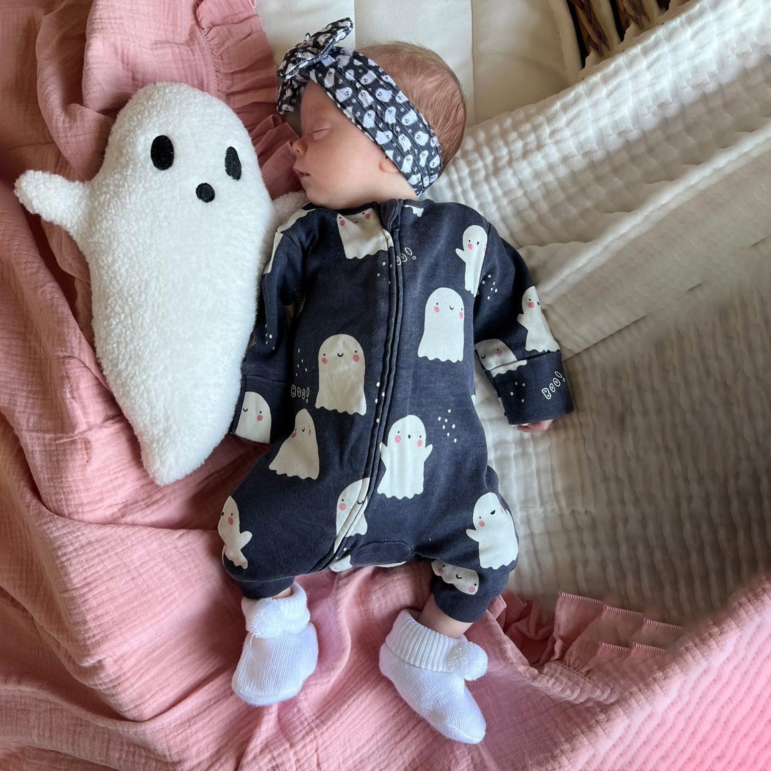 Cute Halloween Ghost Printed Long Sleeve Zipper Baby Jumpsuit