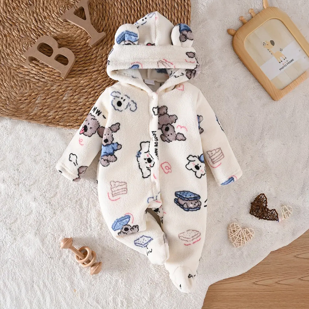 Soft Flannel Cartoon Puppy Printed Long Sleeve Baby Jumpsuit
