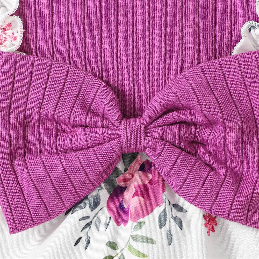 2PCS Exquisite Floral Printed Bow Long Sleeve Baby Girl Jumpsuit