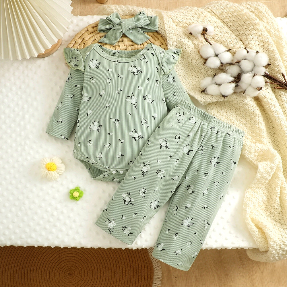 3PCS Floral Print Ruffled Long Sleeve Baby Set