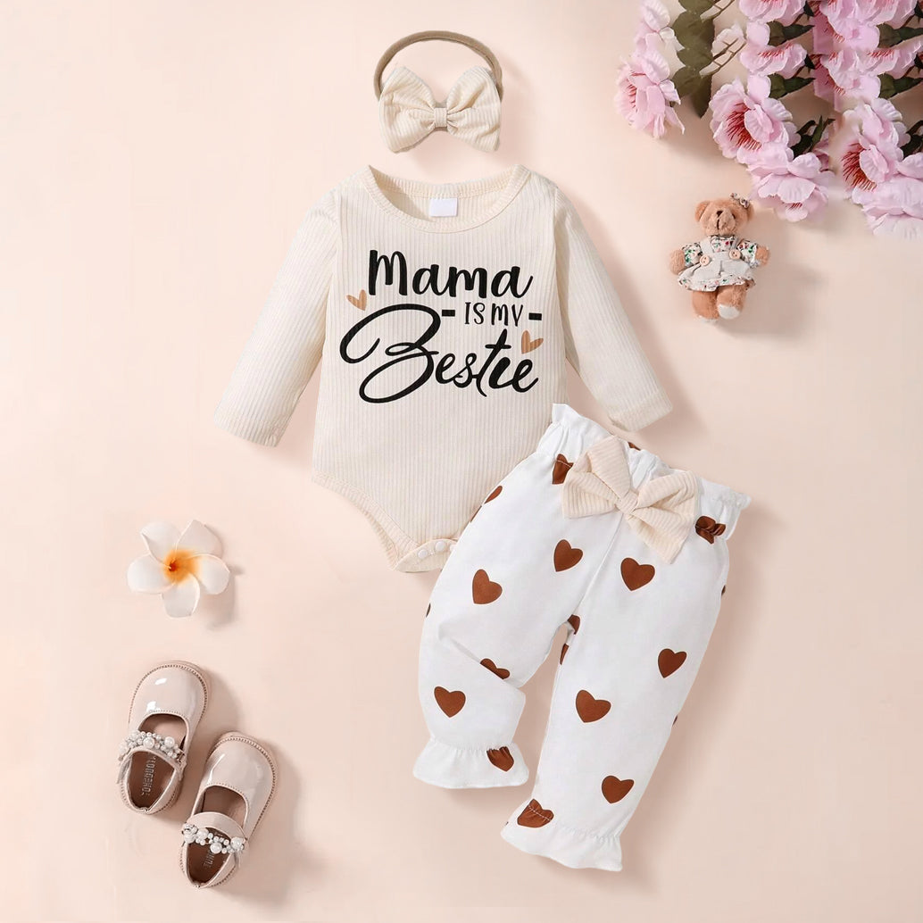 3PCS Mama Is My Bestie Letter Heart Printed Long Sleeve Baby Set