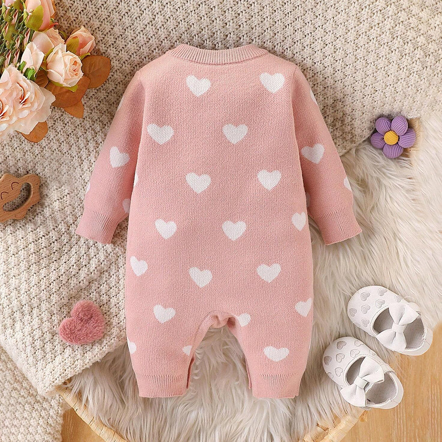 Fashionable Simple Heart Printed Knit Long Sleeve Baby Jumpsuit