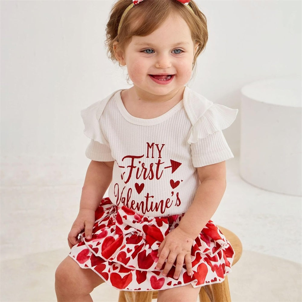3PCS My First Valentine Letter Heart Print Short Sleeve Baby Set