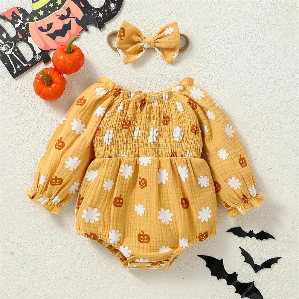 2PCS Pumpkin and Floral Print Long Sleeve Baby Romper