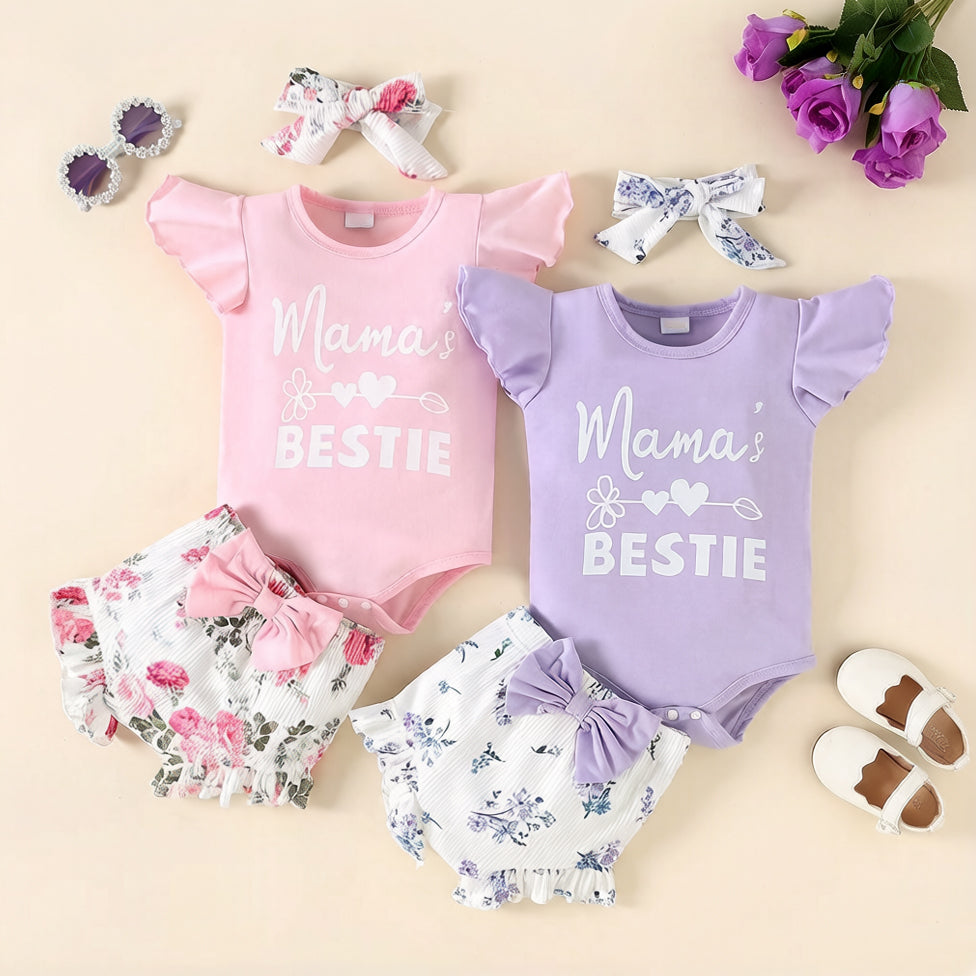 6PCS Mama's Bestie Letter Floral Print Flutter Sleeve Baby Set
