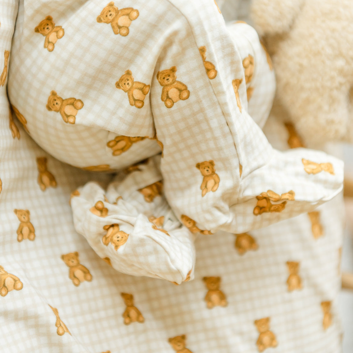 2PCS Bear Plaid Printed Long Sleeve Zipper Baby Jumpsuit