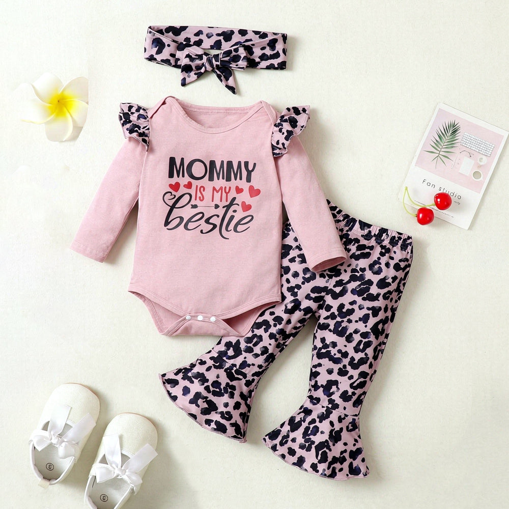 3PCS Pretty Mommy Is My Bestie Letter Leopard Printed Long Sleeve Baby Set