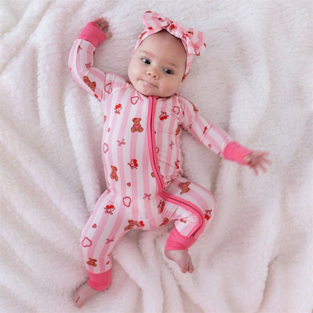 2PCS Cute Bear Printed Striped Long Sleeve Zipper Baby Jumpsuit