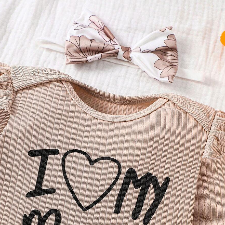 3PCS Refined I Love Mama Letter Floral Printed Long Sleeve Baby Set