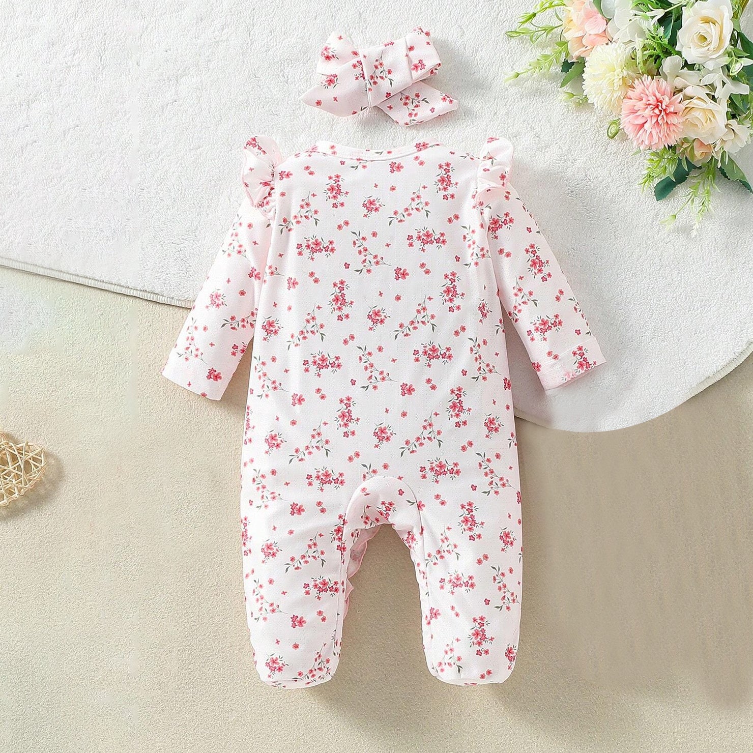 2PCS Sweet Allover Floral Printed Long Sleeve Baby Jumpsuit