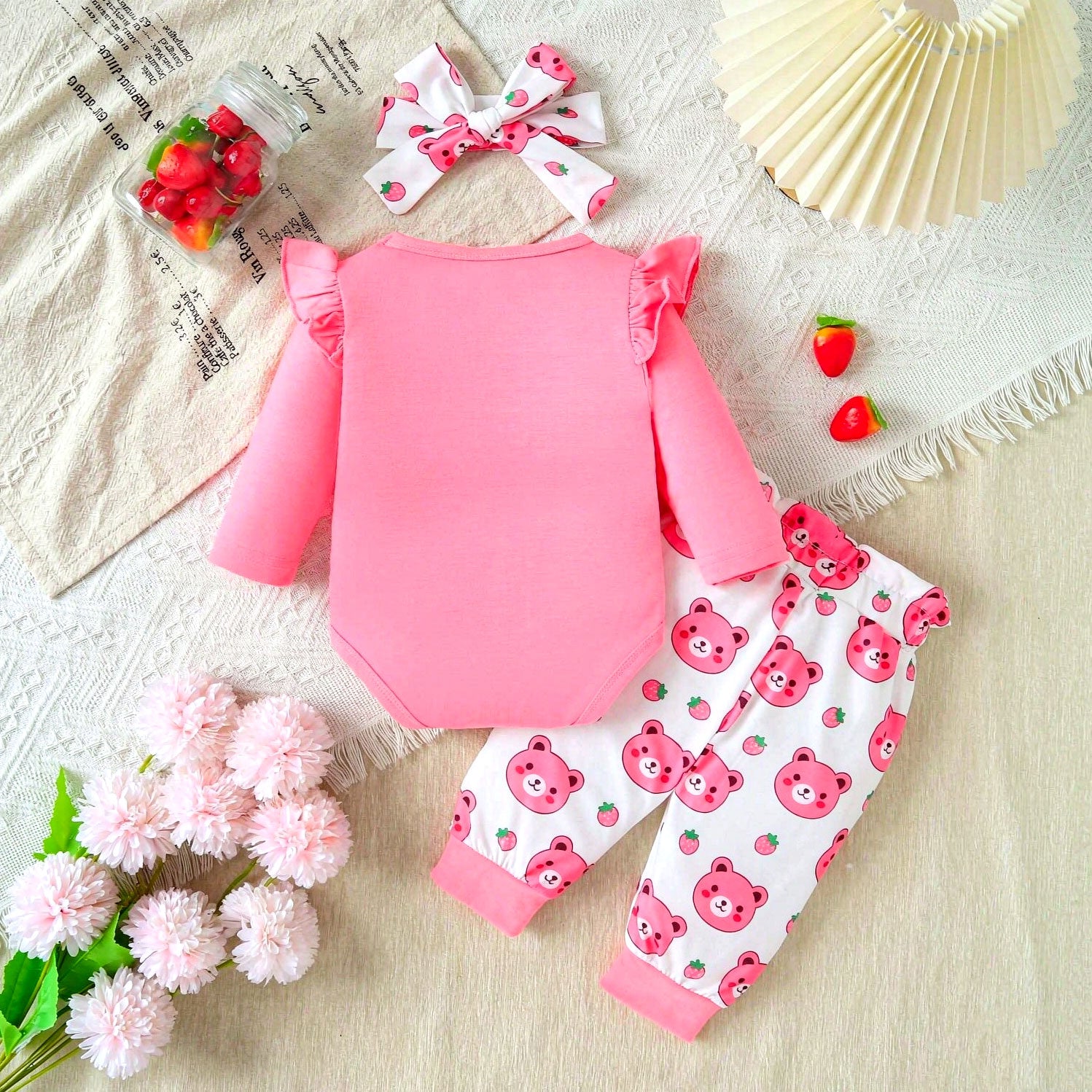 3PCS Lovely Bear Strawberry Print Long Sleeve Baby Set
