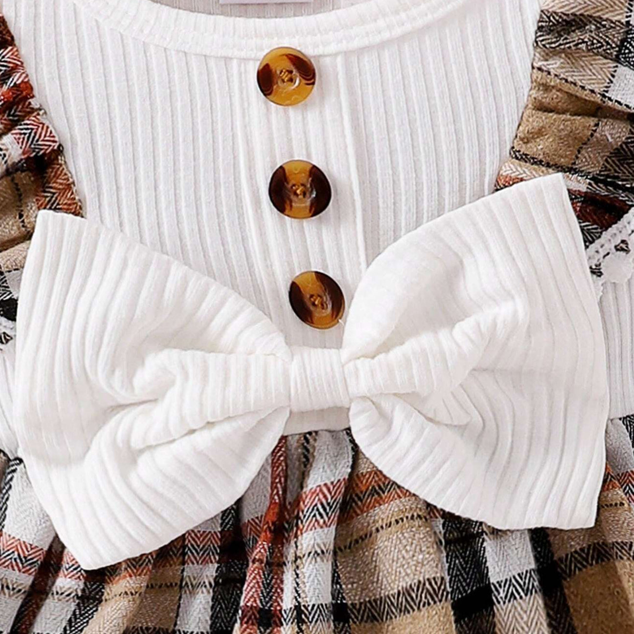 2PCS Elegant Plaid Printed Bow Ruffled Long Sleeve Baby Romper