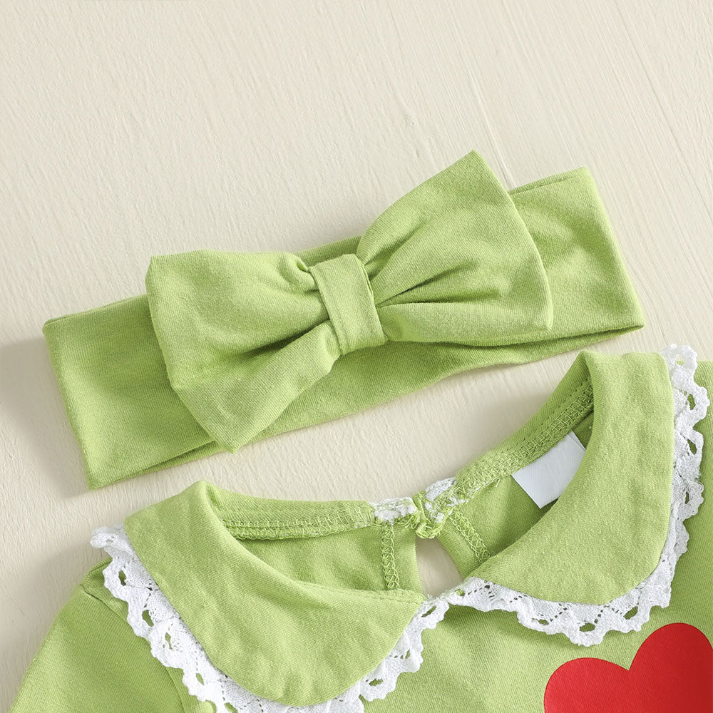 4PCS Christmas Heart and Plaid Printed Long Sleeve Baby Girl Set