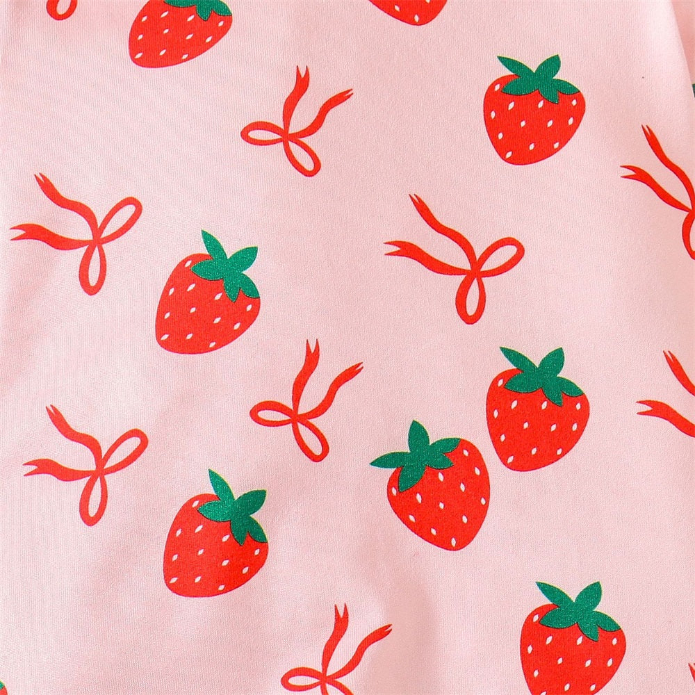 2PCS Cute Strawberry Printed Frill Long Sleeve Baby Jumpsuit
