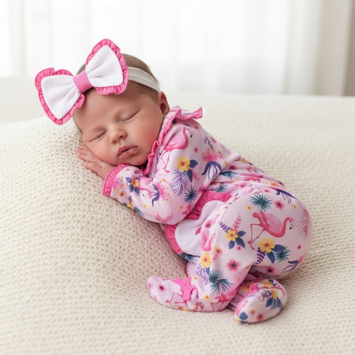 2PCS Elegant Flamingo Print Long Sleeve Baby Jumpsuit