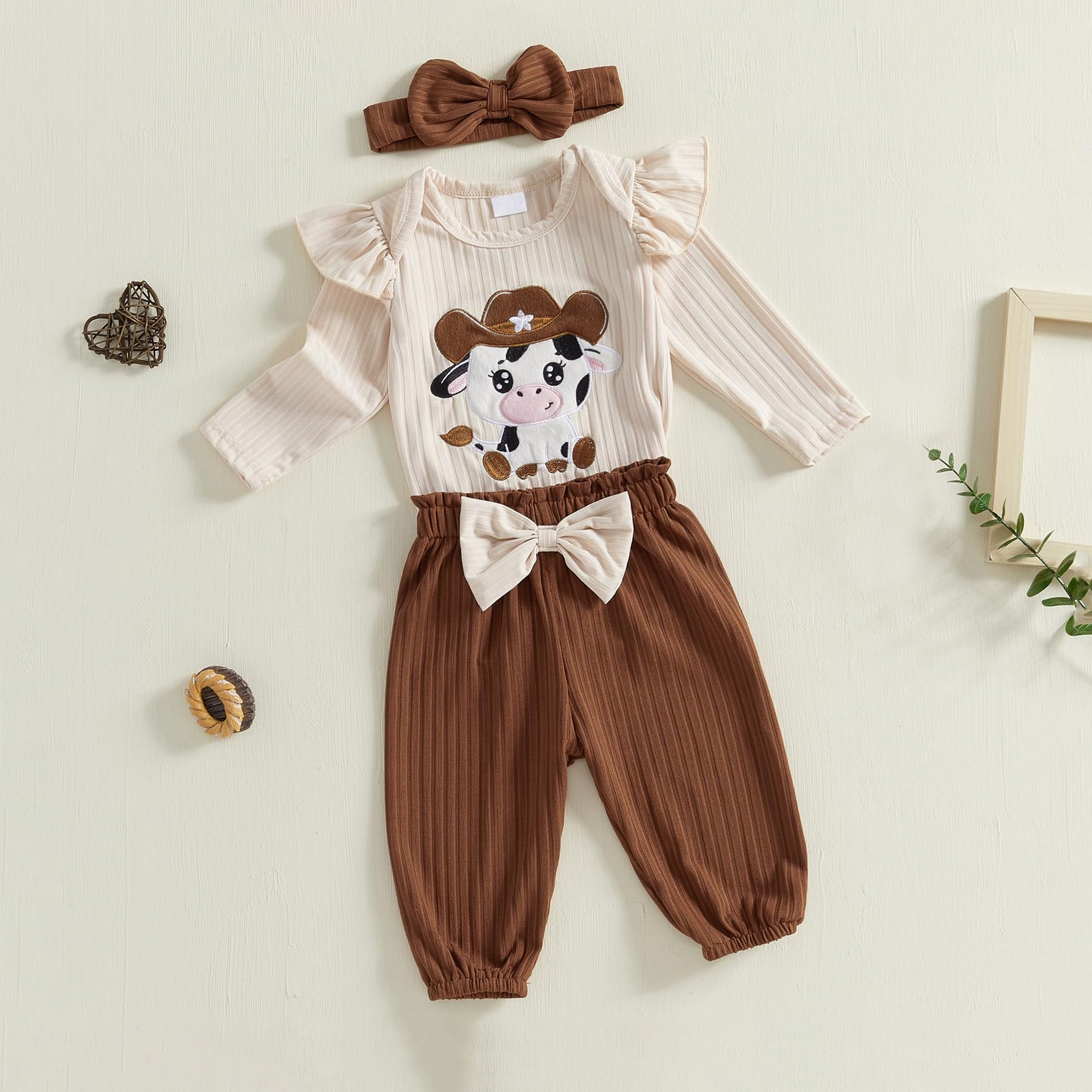 3PCS Cute Cow Printed Bow Decoration Long Sleeve Baby Set