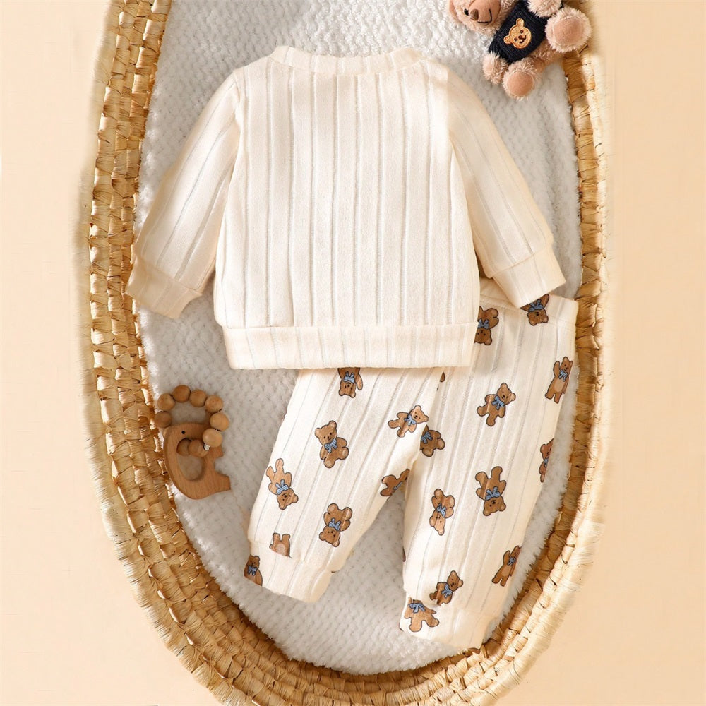 2PCS Casual Cute Bear Printed Long Sleeve Baby Set