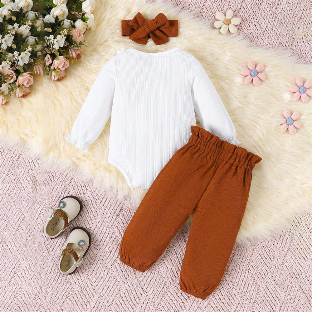 3PCS Casual Cute Floral Print Ruffle Long Sleeve Baby Set
