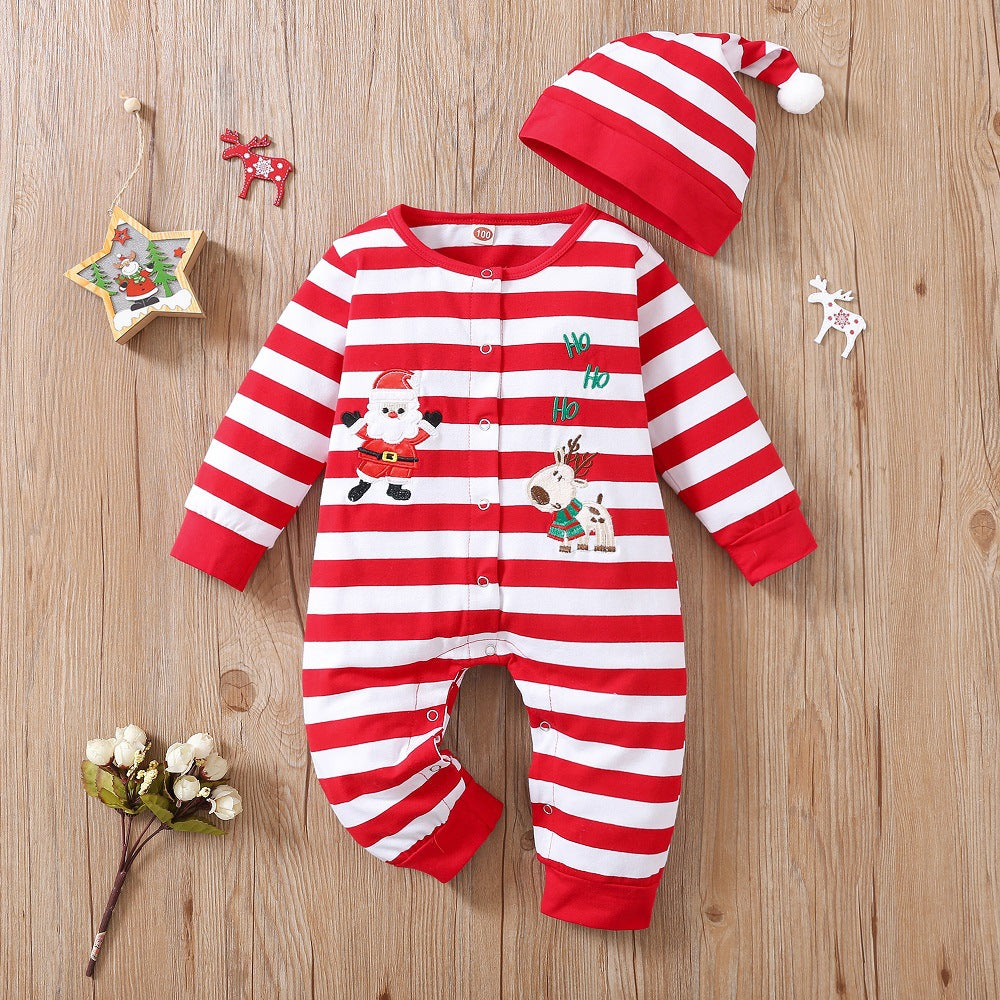 2PCS Christmas Stripe Print Long Sleeve Baby Jumpsuit