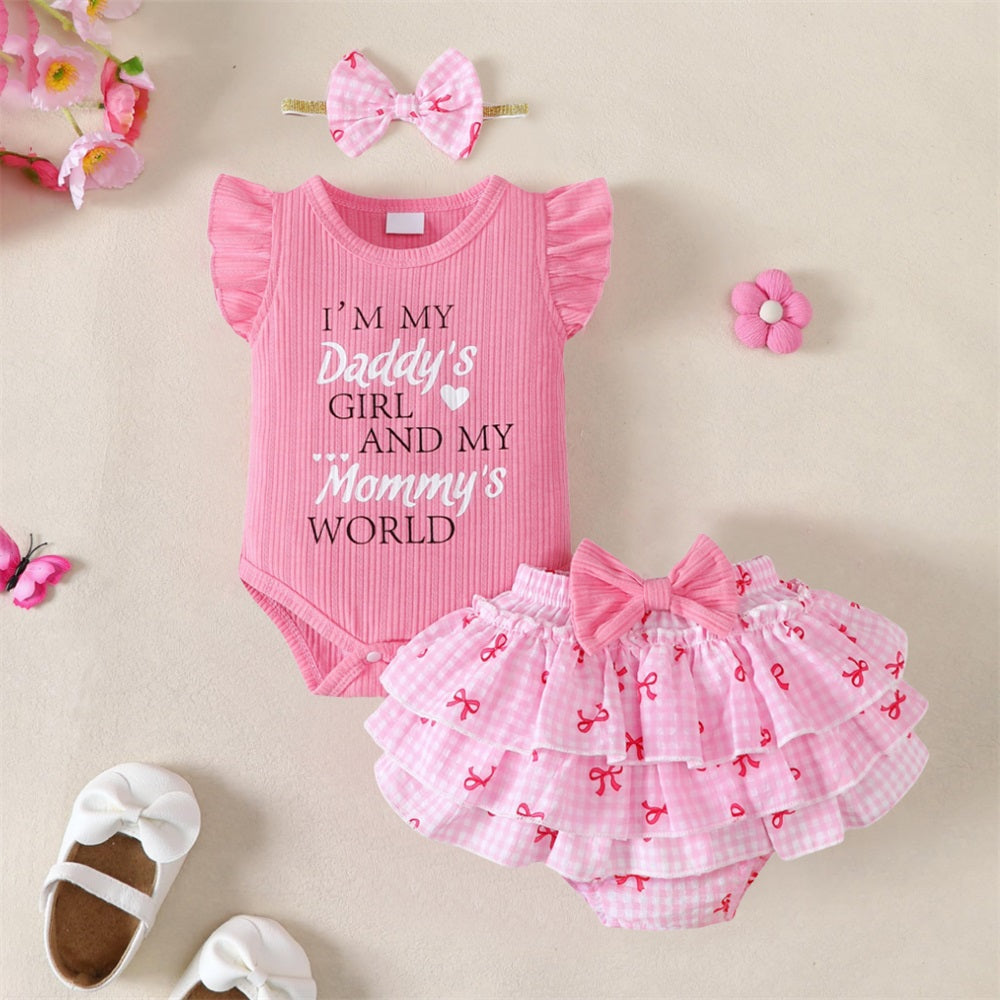3PCS I'm My Daddy's Girl Letter Bow Printed Fly Sleeve Baby Set