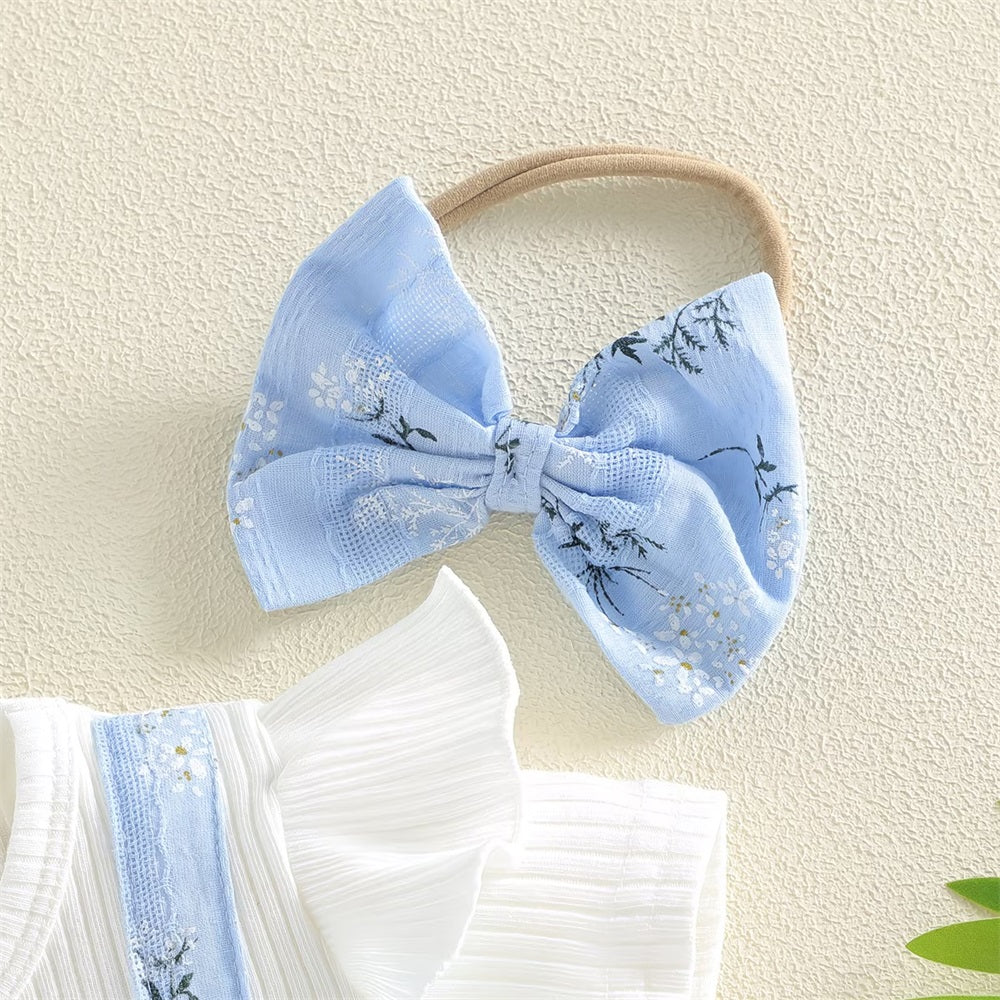 2PCS Causal Floral Printed Bow Short Sleeve Baby Jumpsuit