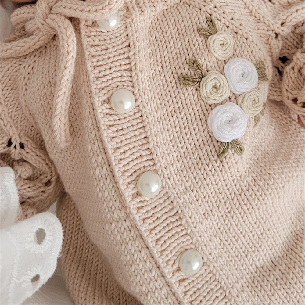 2PCS Floral Embroidery Knit Long Sleeve Baby Jumpsuit