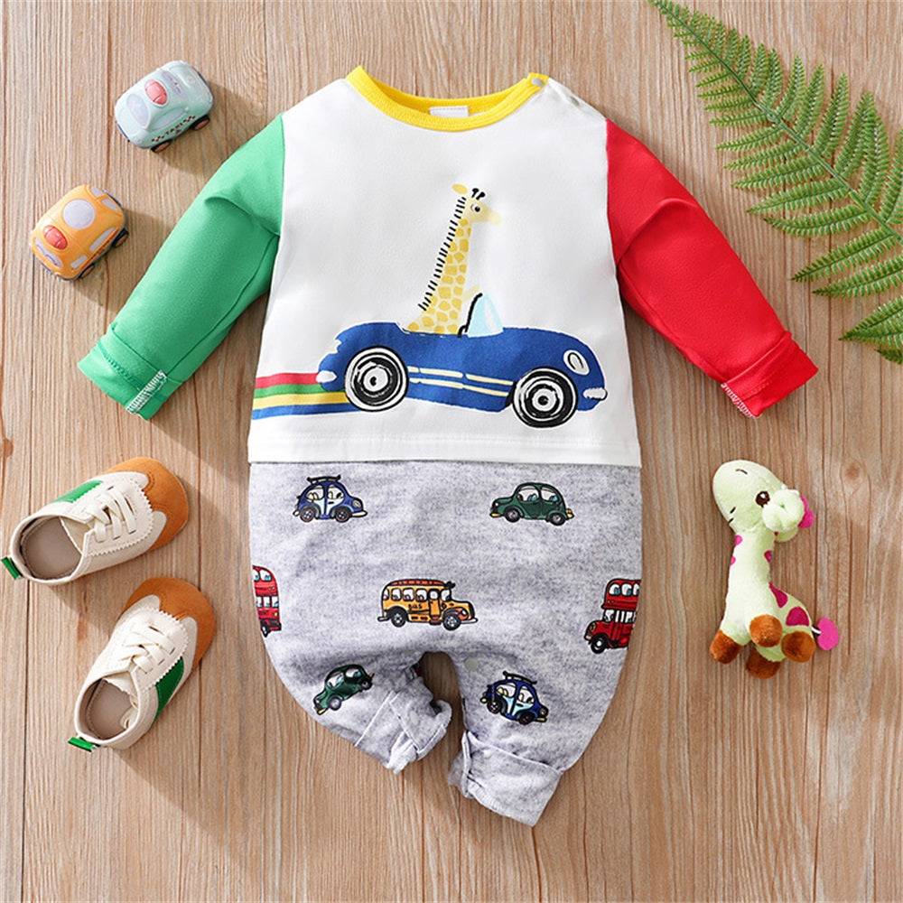 Casual Giraffe Car Print Long Sleeve Baby Jumpsuit