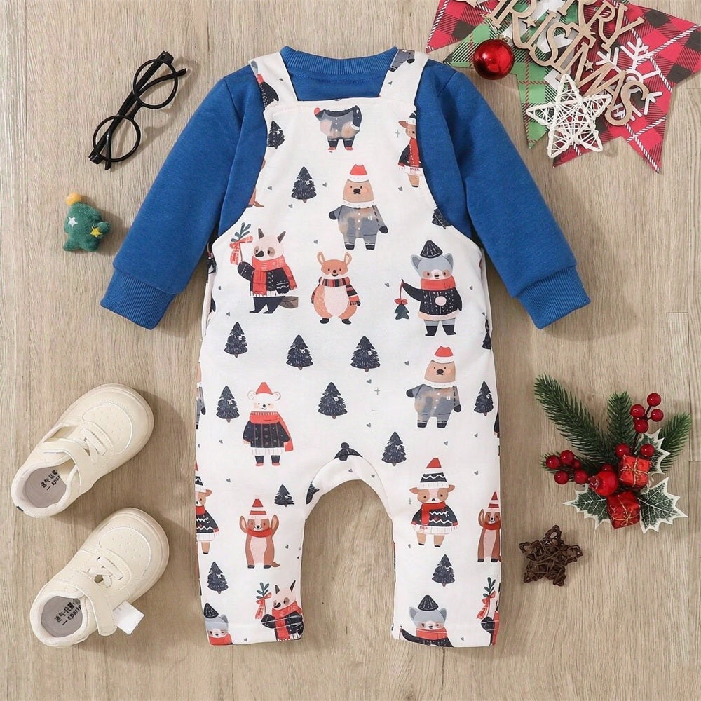 Cute Christmas Tree Animal Print Long Sleeve Baby Jumpsuit