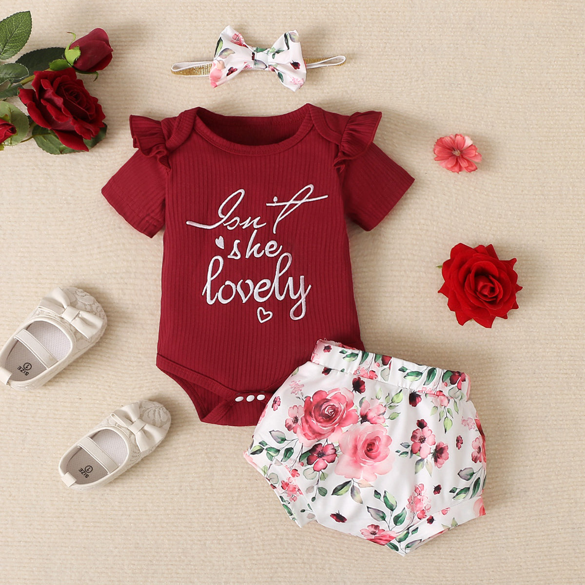3PCS Lovely Letter And Floral Printed Short Sleeve Baby Set
