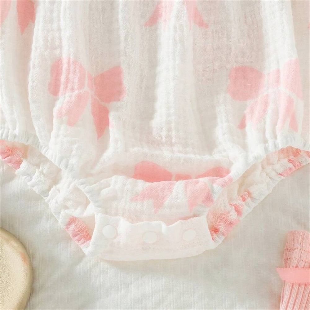 3PCS Refined Bow Printed Long Sleeve Baby Girl Romper