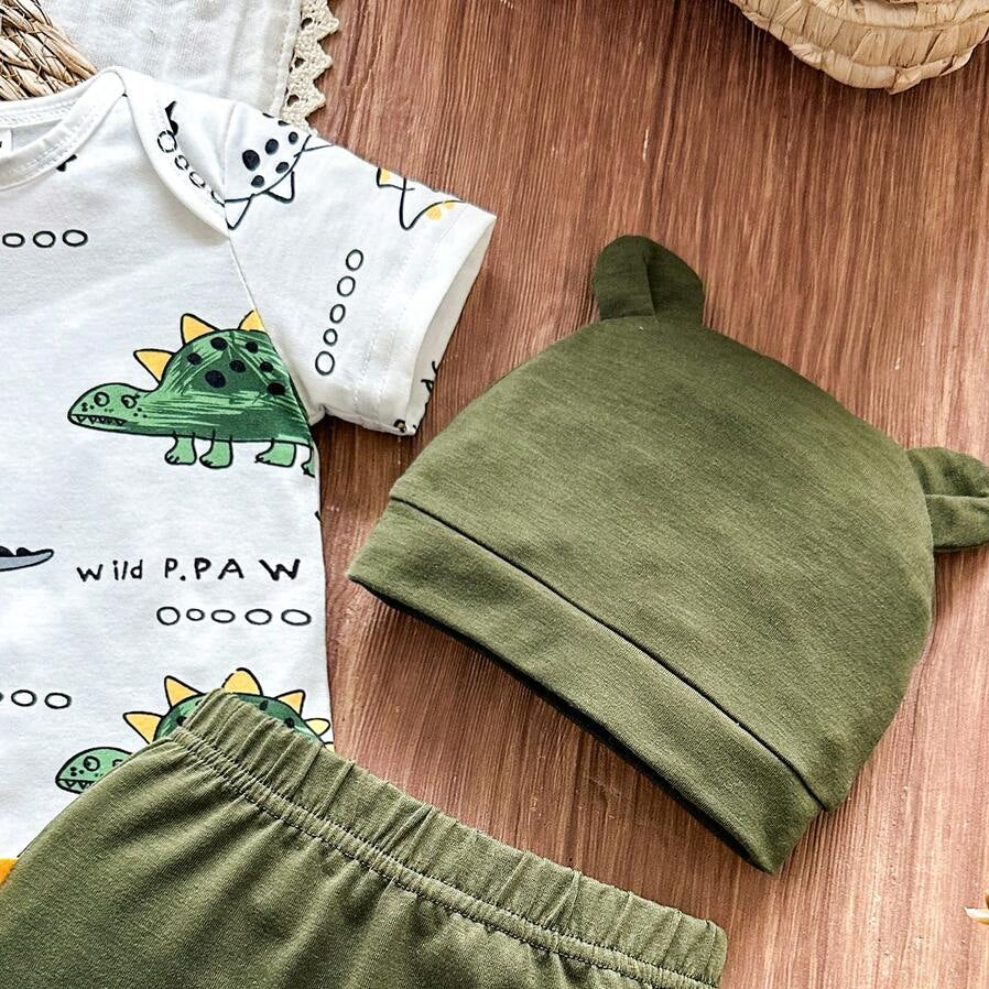 3PCS Cute Wild Paw Letter Dinosaur Print Short Sleeve Baby Boy Set