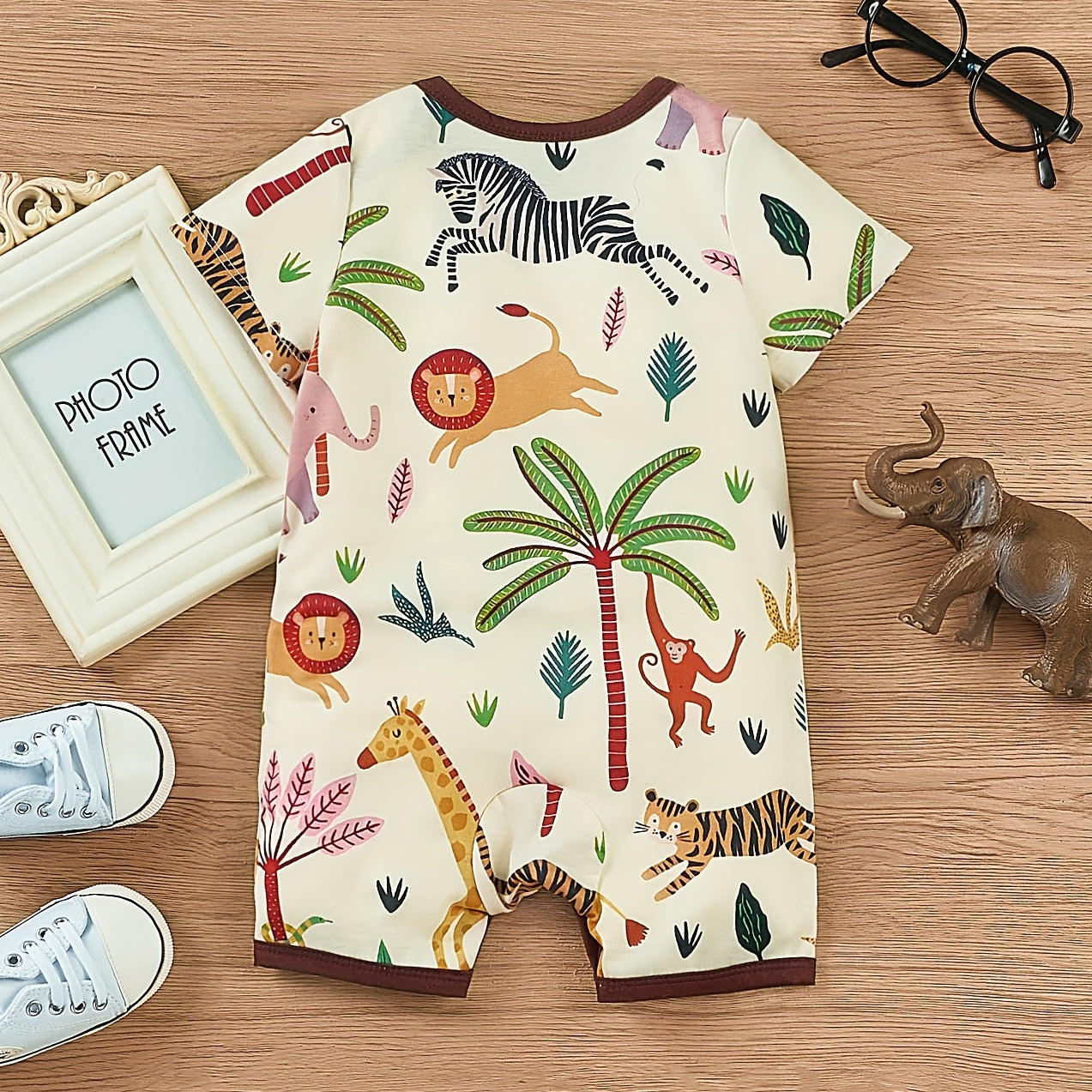 Lovable Animal Printed Short Sleeve Baby Jumpsuit