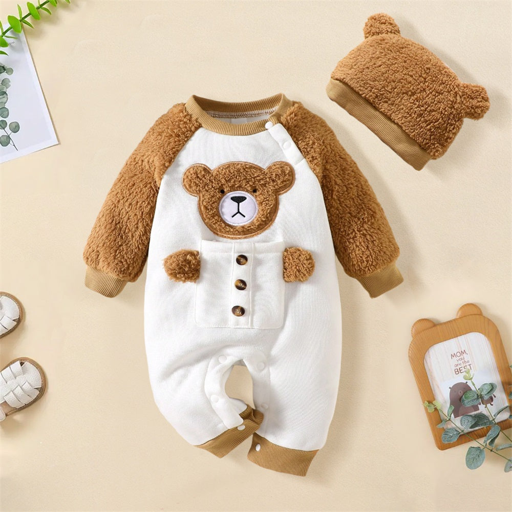2PCS Cute Plush Bear Print Long Sleeve Baby Jumpsuit