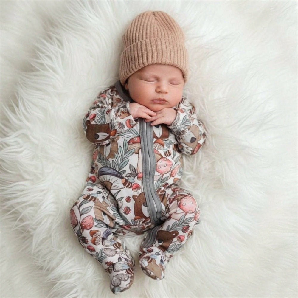 Cute Mushroom Bear Printed Long Sleeve Baby Jumpsuit