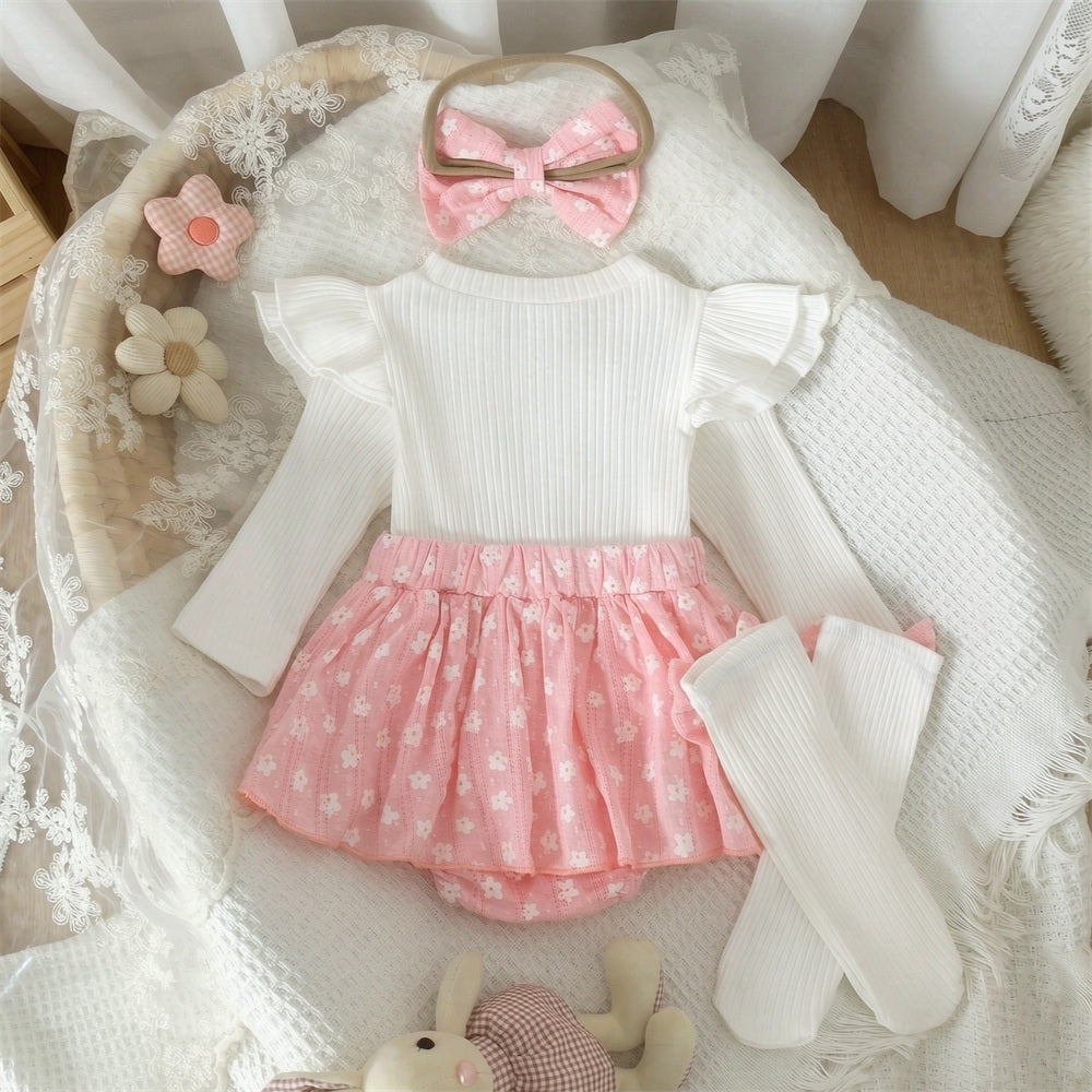 3PCS Winsome Floral Printed Bow Baby Girl Romper