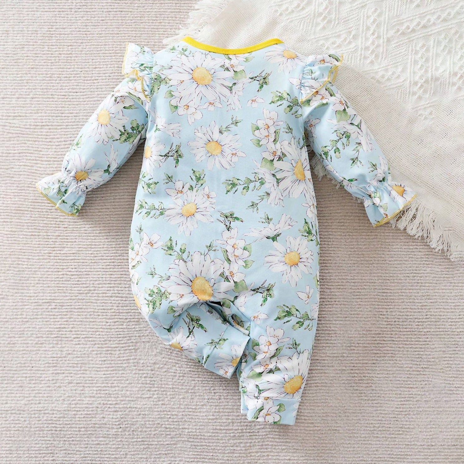 Elegant Floral Printed Ruffle Trim Long Sleeve Baby Jumpsuit