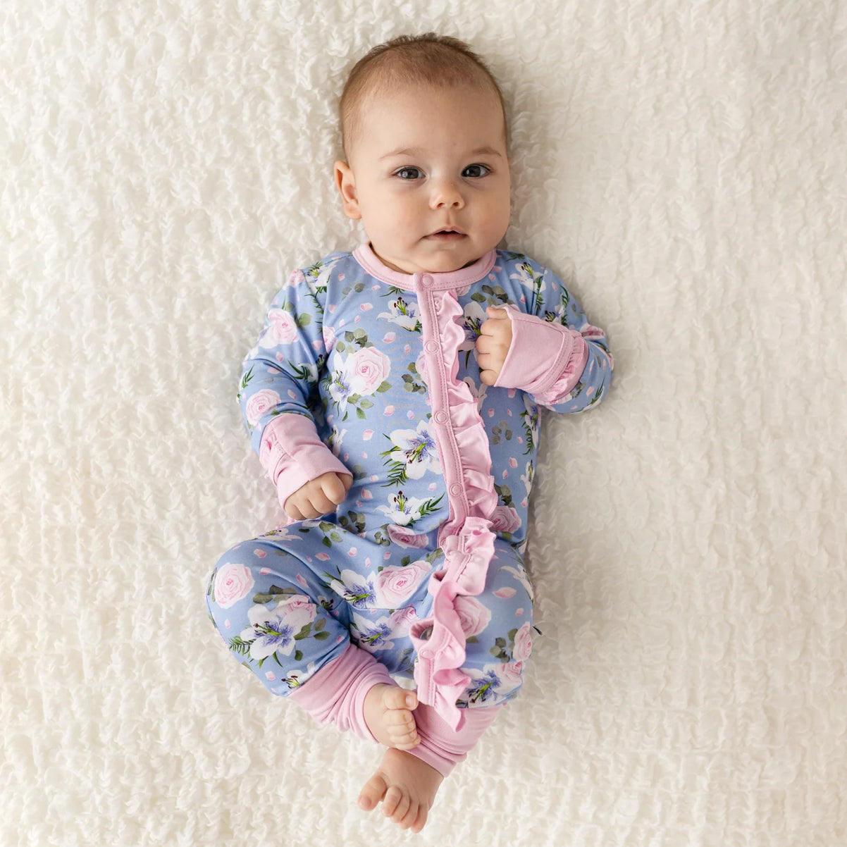 Lovely Floral Printed Ruffle Decoration Long Sleeve Baby Jumpsuit