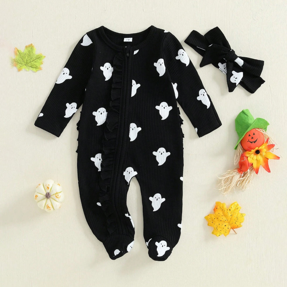 2PCS Halloween Ghost Printed Zipper Baby Jumpsuit