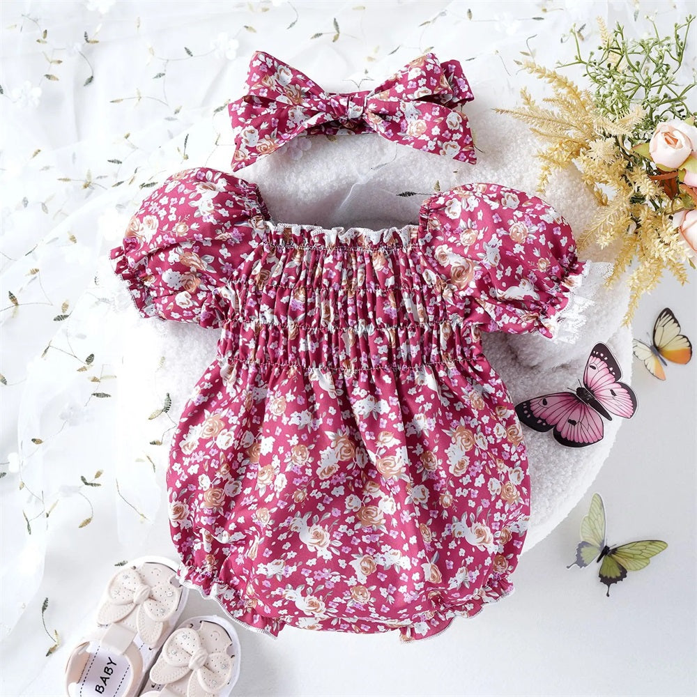 2PCS Allover Floral Printed Bubble Sleeve Baby Romper