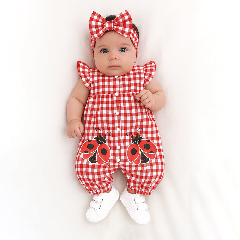 2PCS Lovely Plaid and Ladybug Printed Sleeveless Baby Jumpsuit