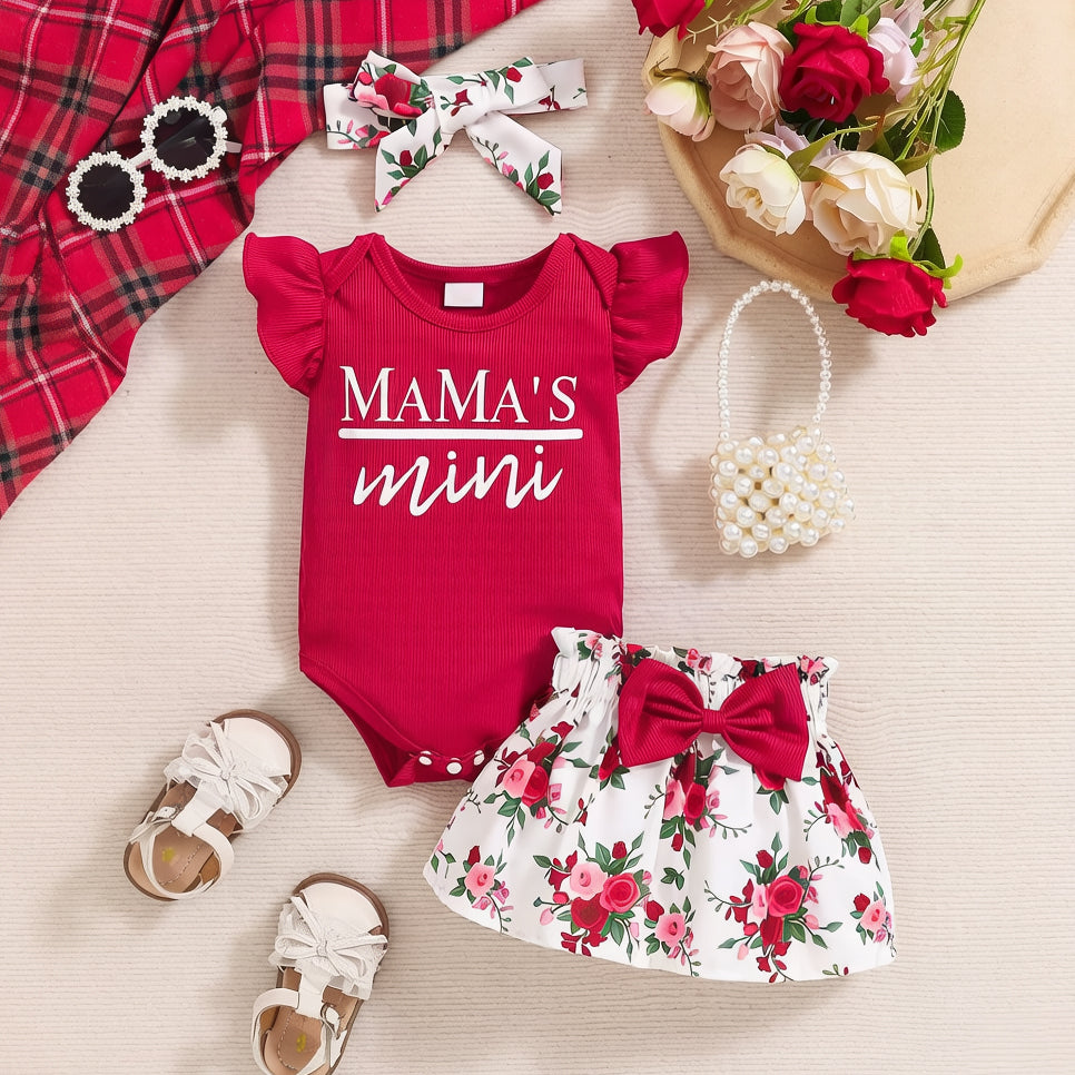 3PCS Mama's Mini Letter Floral Print Flutter Sleeve Baby Set