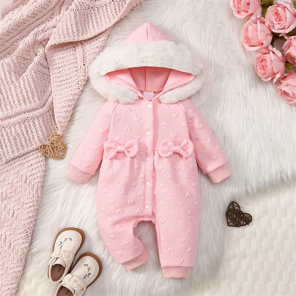Soft Heart Print Long Sleeve Big Fur Collar Hooded Baby Jumpsuit