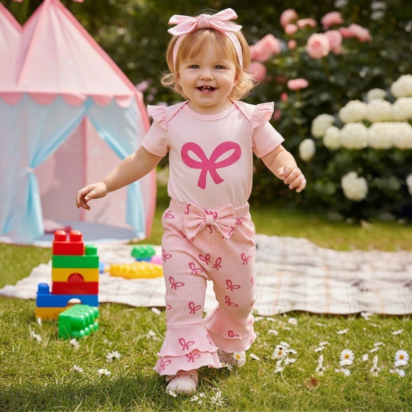 4PCS Cheerful Bow Printed Baby Girl Set