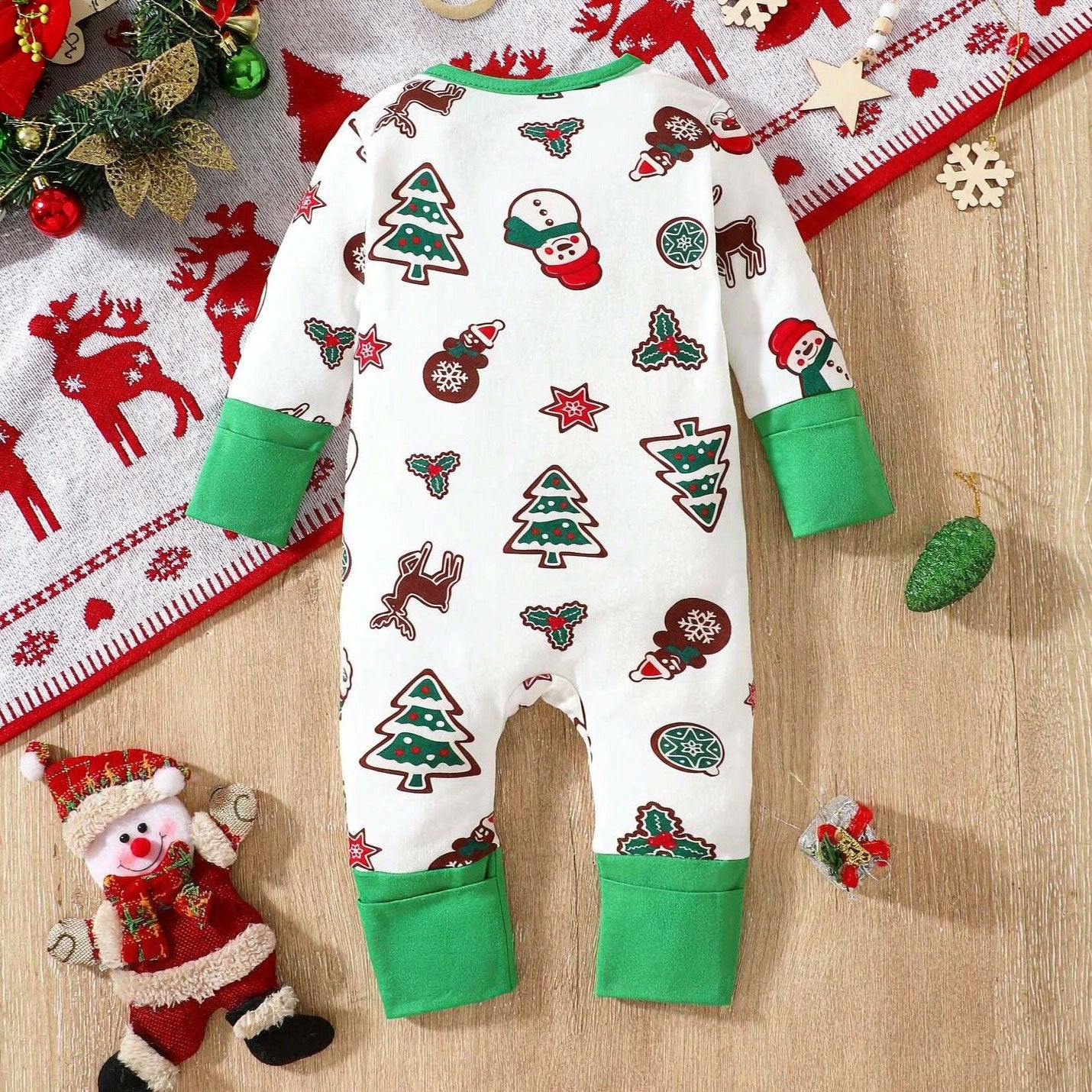 Christmas All-Over Holiday Print Long Sleeve Zipper Baby Jumpsuit