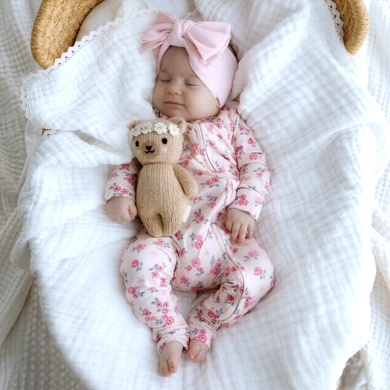 Grace Floral and Bow Print Zipper Long Sleeve Baby Girl Jumpsuit