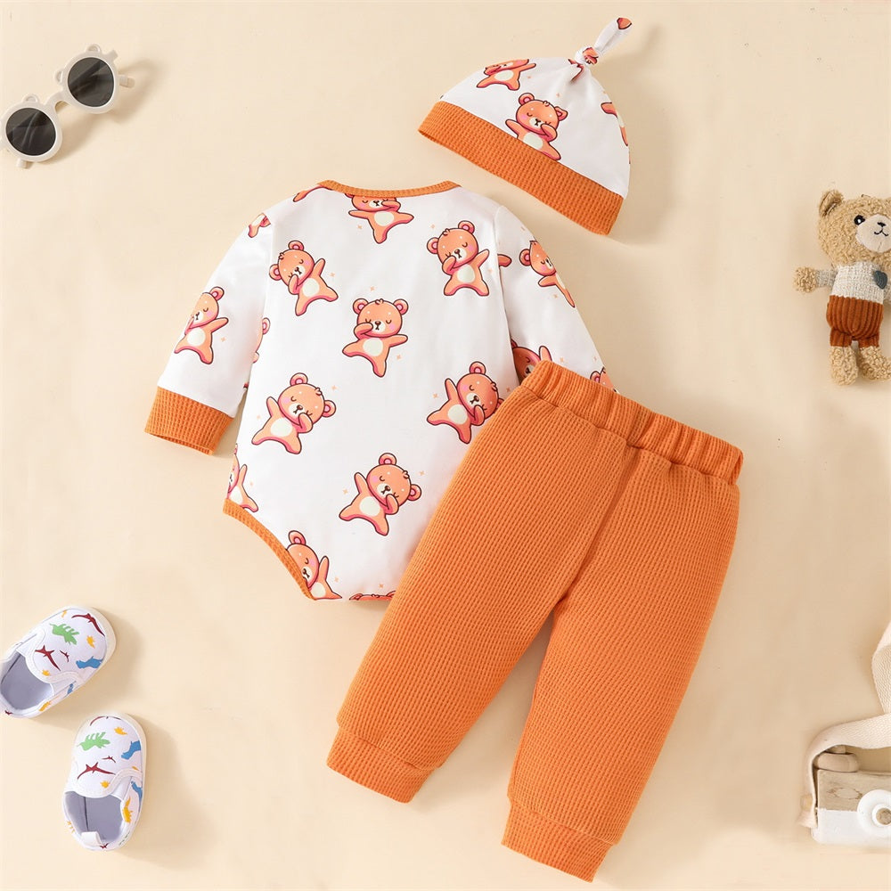 3PCS Casual Cute Bear Print Long Sleeve Baby Set