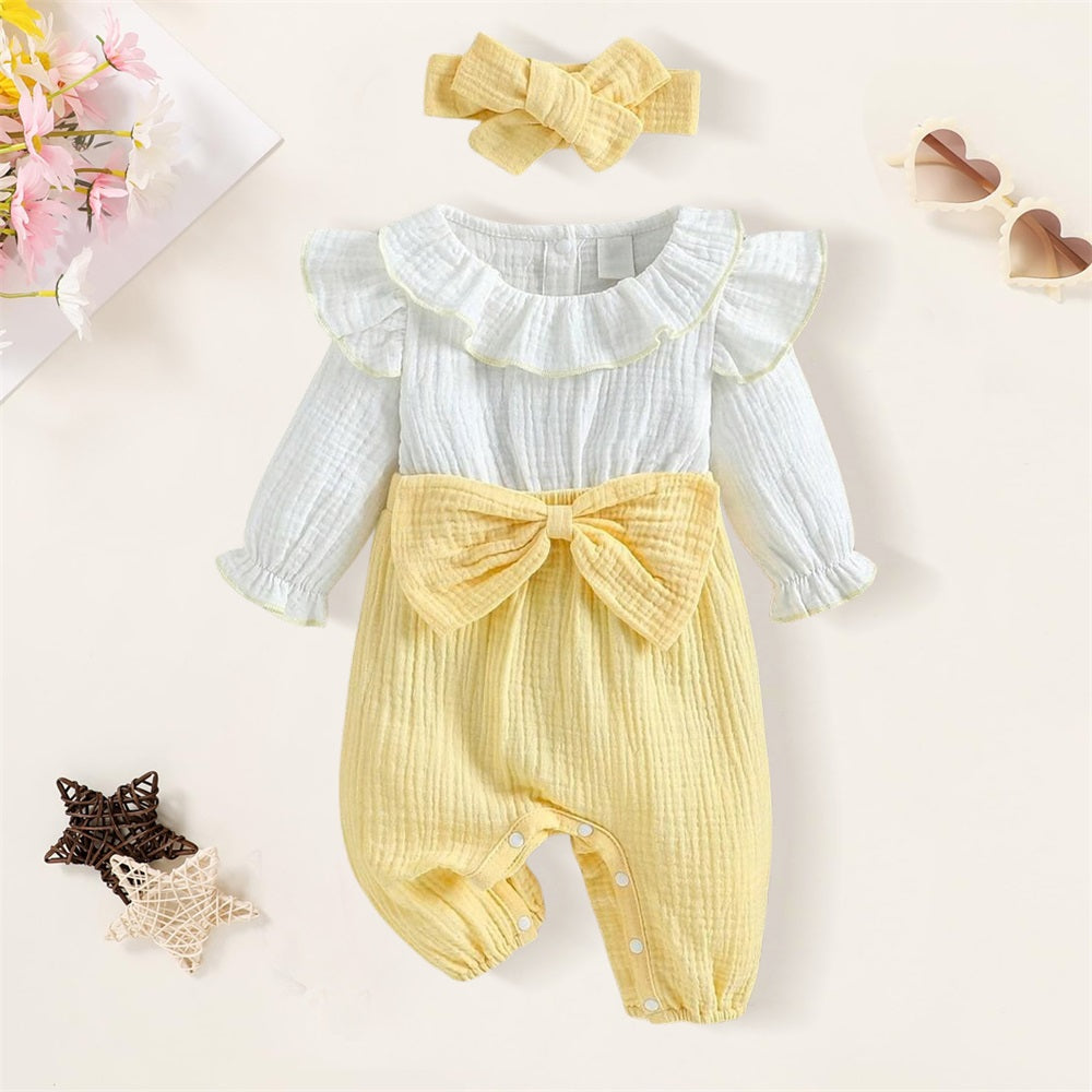 2PCS Ruffle Collar Long Sleeve Patchwork Yellow Bow Baby Jumpsuit